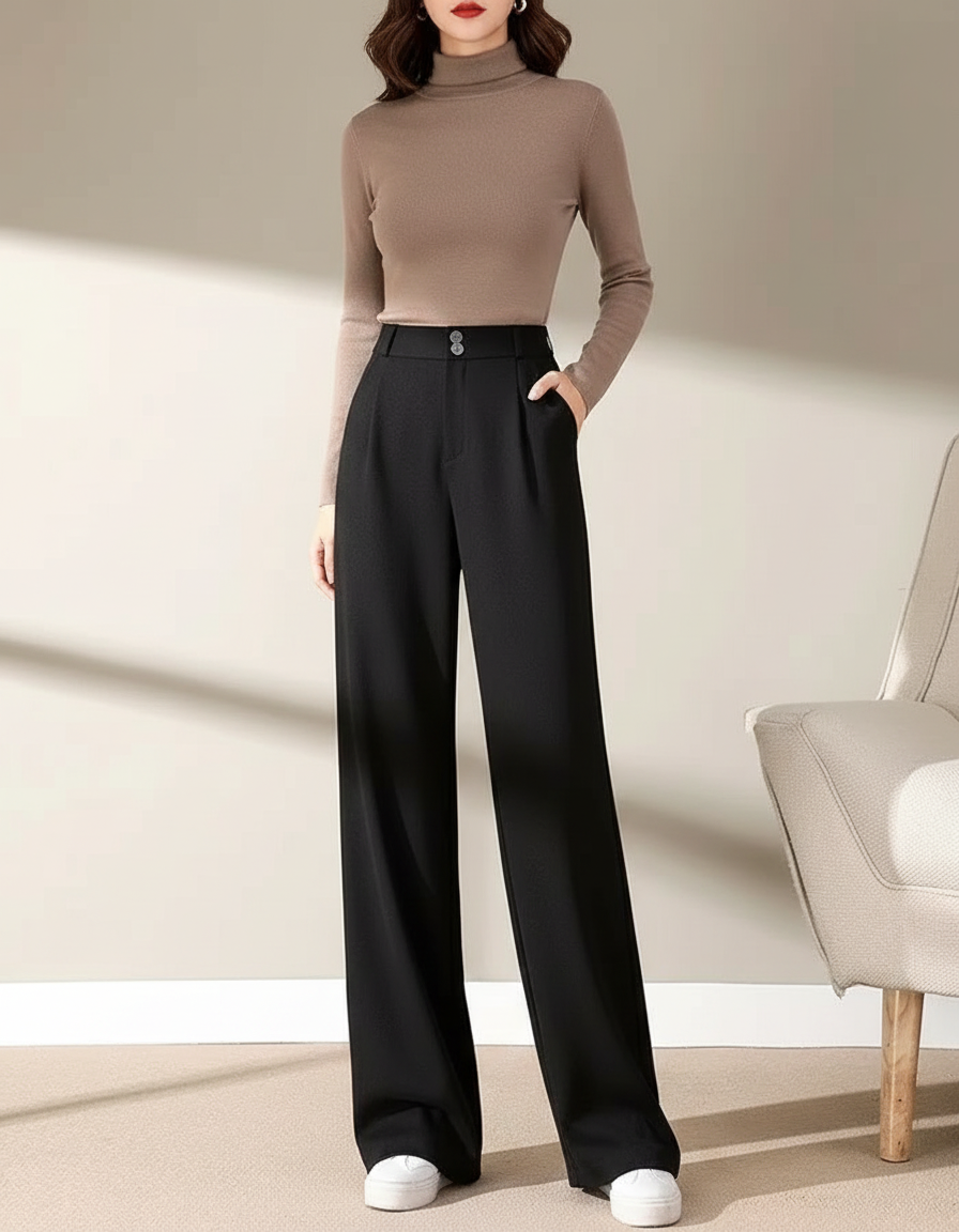 Pantalon Noir Laine Ample Taille Haute Droit Élégant