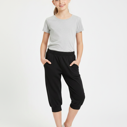 Pantalon Noir Fille Capri Coton Confortable Décontracté