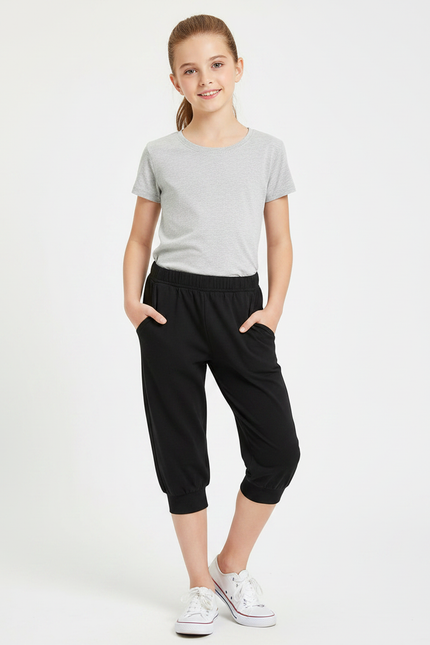 Pantalon Noir Fille Capri Coton Confortable Décontracté