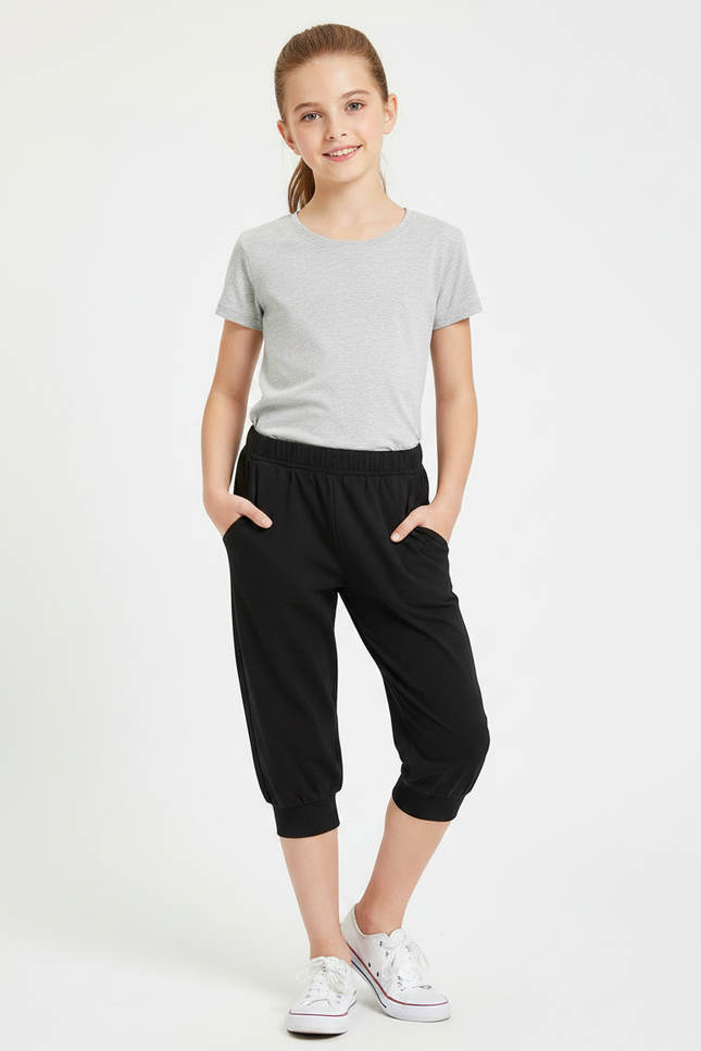 Pantalon Noir Fille Capri Coton Confortable Décontracté