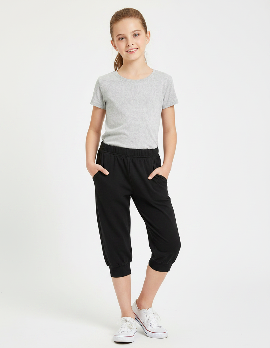 Pantalon Noir Fille Capri Coton Confortable Décontracté