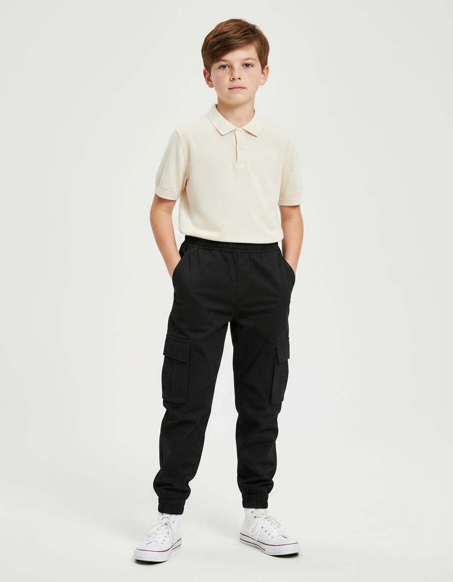 Pantalon Noir Cargo Jogging Décontracté Enfant - Coton