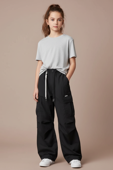 Pantalon Noir Cargo Ample Fille Décontracté Léger - Polyester