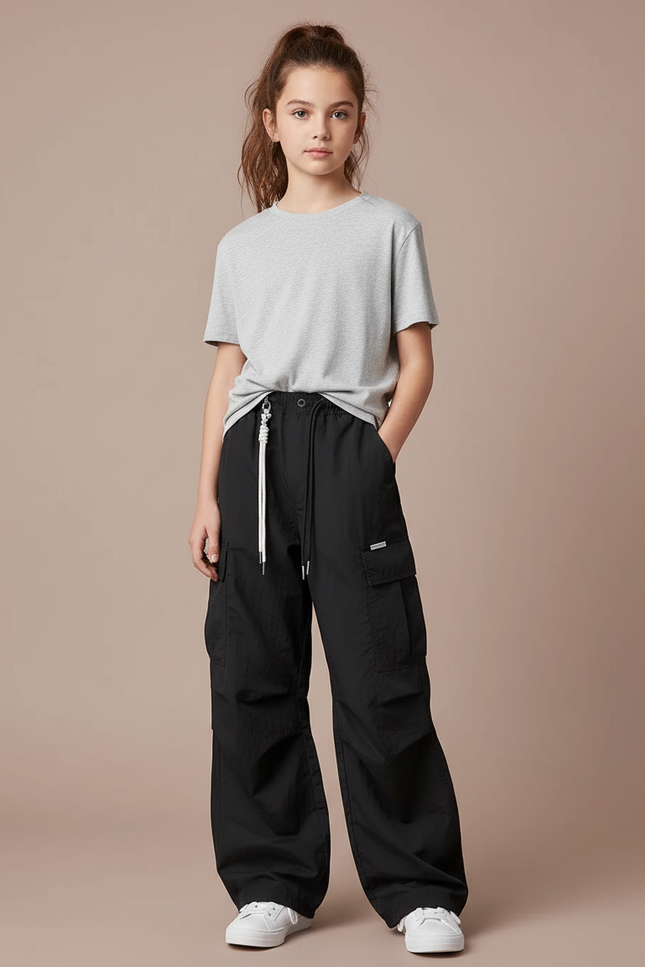Pantalon Noir Cargo Ample Fille Décontracté Léger - Polyester