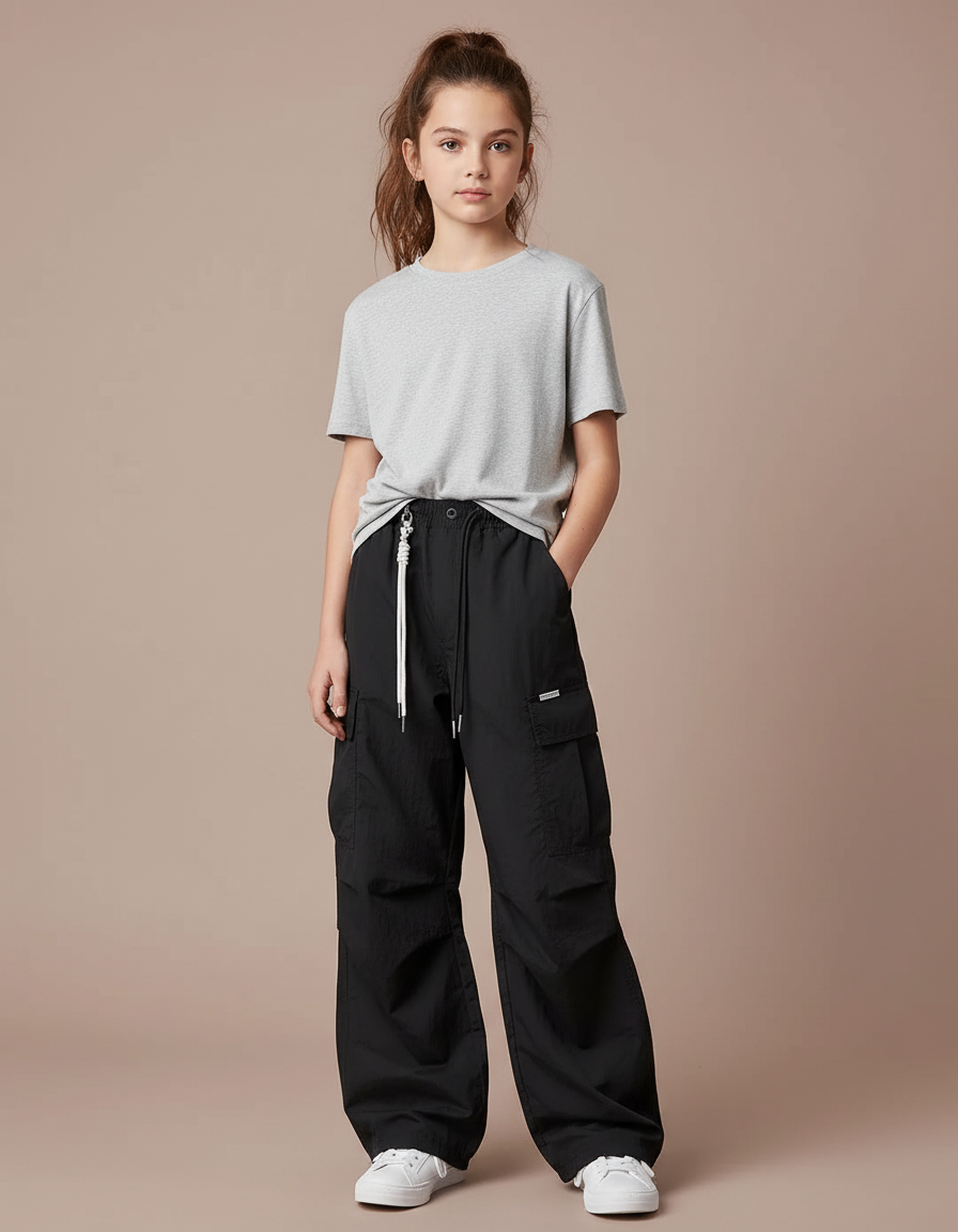 Pantalon Noir Cargo Ample Fille Décontracté Léger - Polyester