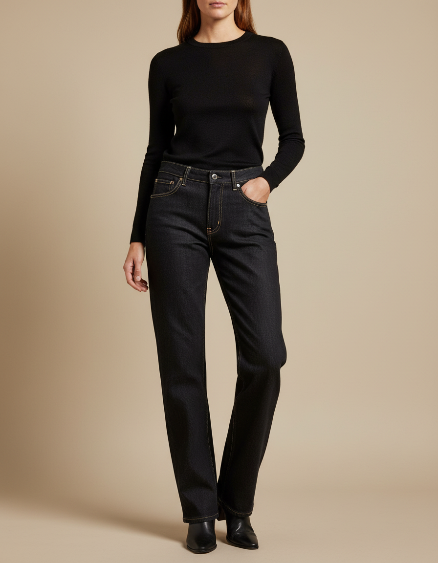 Pantalon Noir Droit Denim Taille Haute Femme - Jean