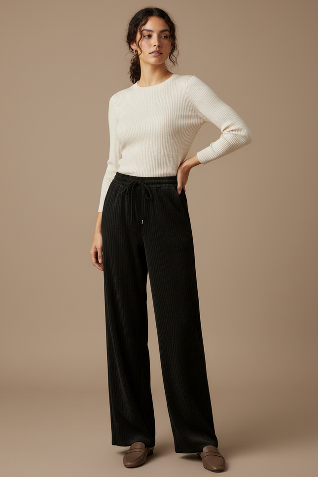Pantalon Noir Côtelé Ample Décontracté Fluide - Cordé