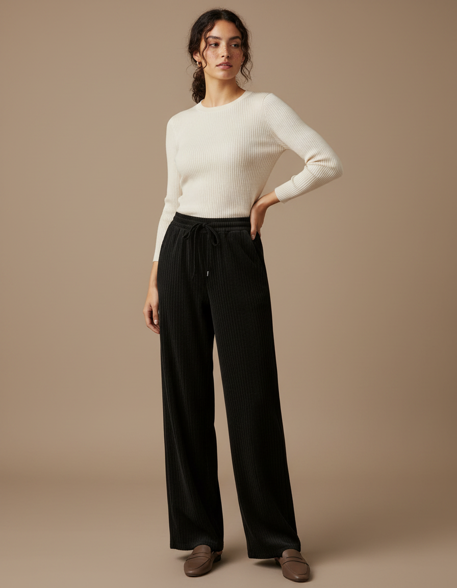Pantalon Noir Côtelé Ample Décontracté Fluide - Cordé