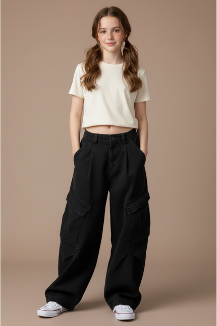 Pantalon Noir Cargo Ample Femme Taille Haute - Toile