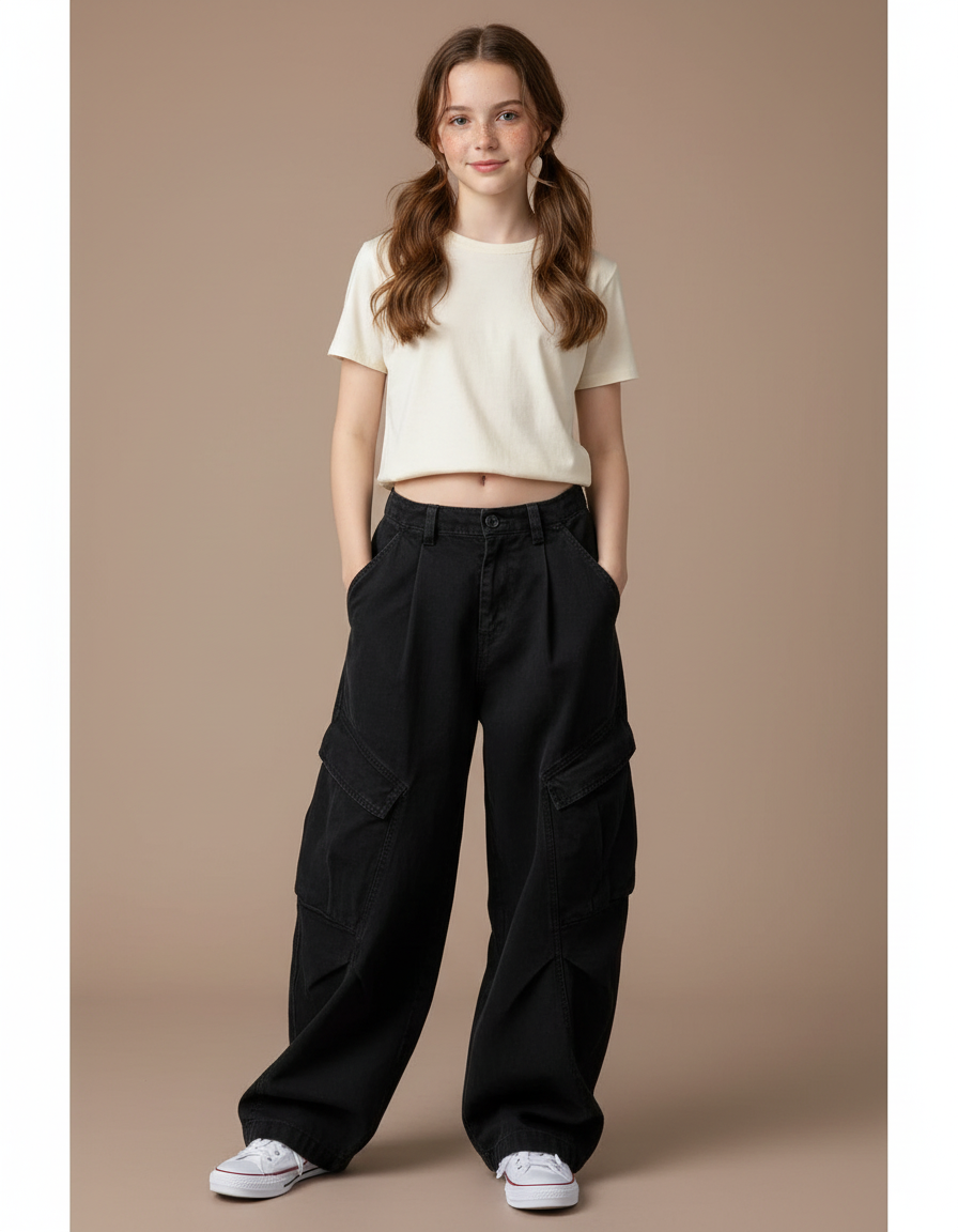 Pantalon Noir Cargo Ample Femme Taille Haute - Toile