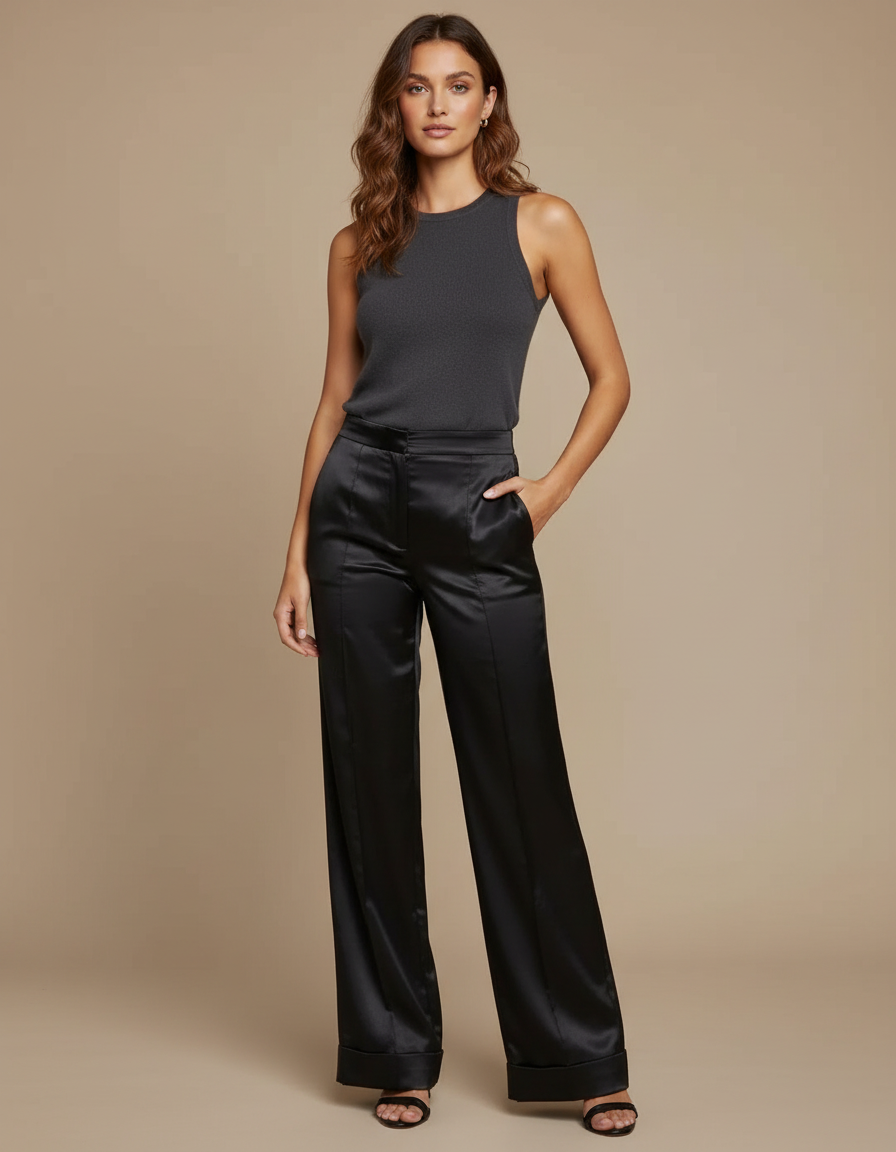 Pantalon Satin Noir Brillant Femme