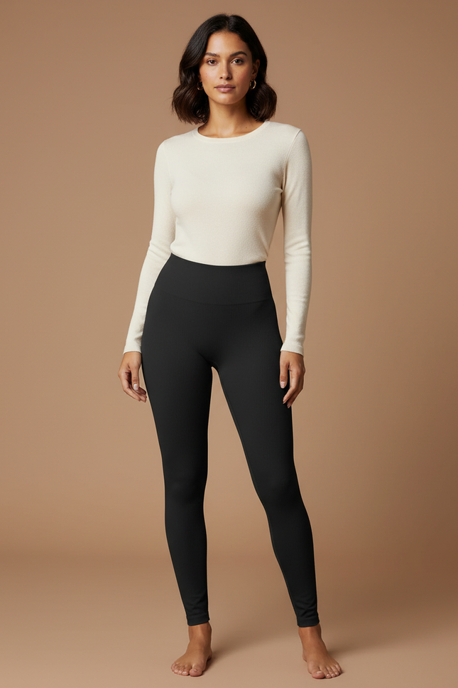 Pantalon Noir Côtelé Taille Haute Moulant Confortable - Maille
