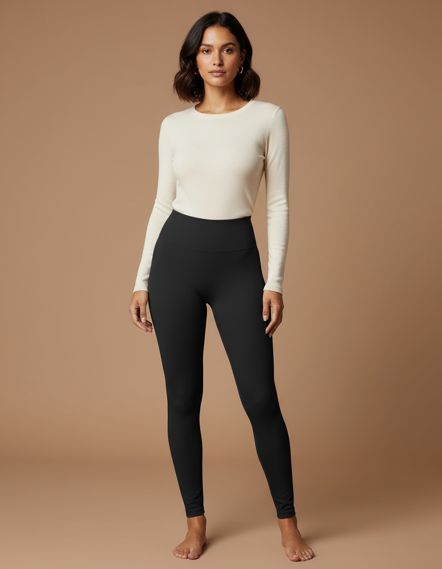 Pantalon Noir Côtelé Taille Haute Moulant Confortable - Maille