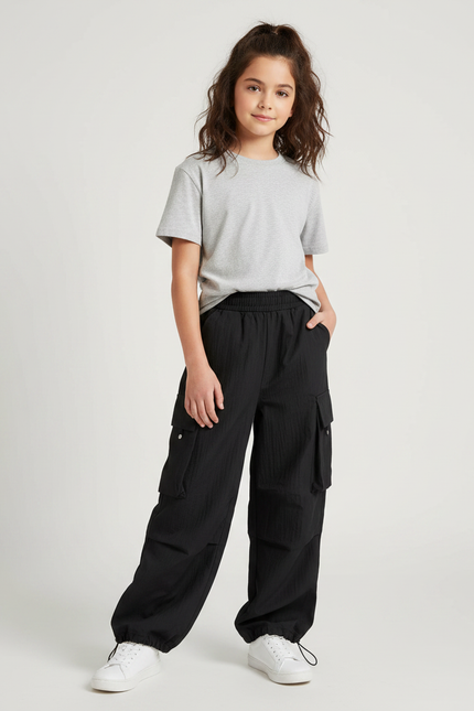 Pantalon Noir Cargo Ample Fille Streetwear Décontracté - Polyester