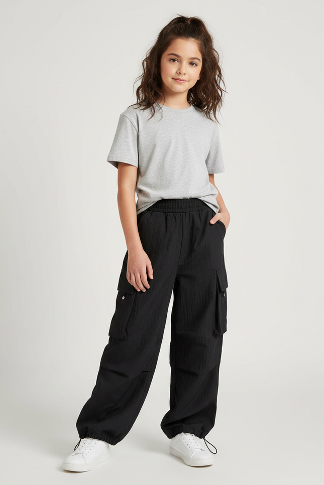Pantalon Noir Cargo Ample Fille Streetwear Décontracté - Polyester
