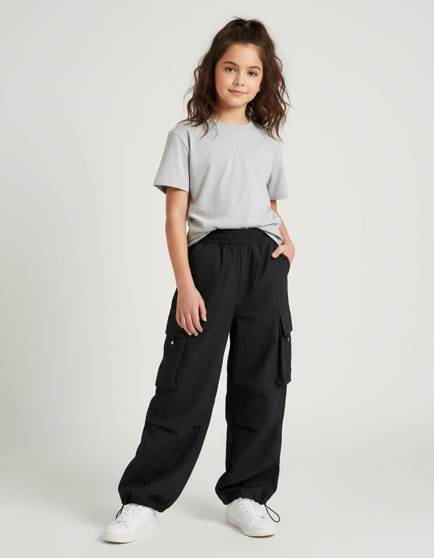 Pantalon Noir Cargo Ample Fille Streetwear Décontracté - Polyester