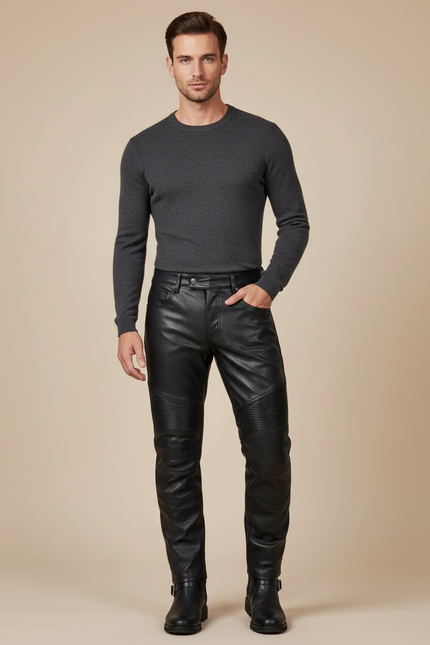 Pantalon Noir Cuir Motard Slim Matelassé Homme