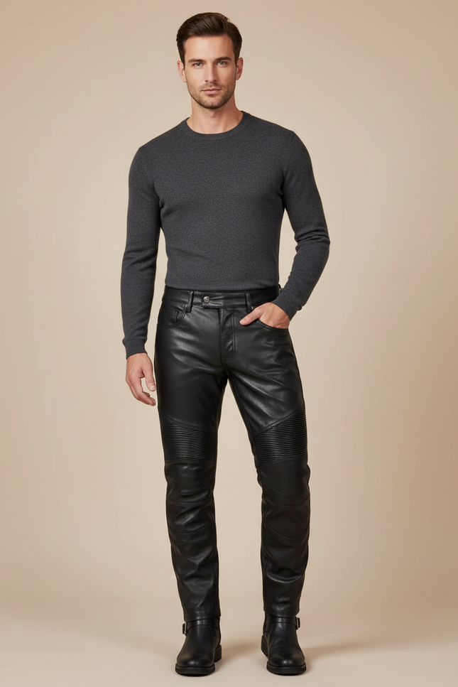 Pantalon Noir Cuir Motard Slim Matelassé Homme