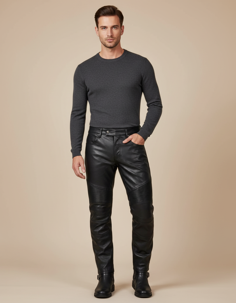 Pantalon Noir Cuir Motard Slim Matelassé Homme