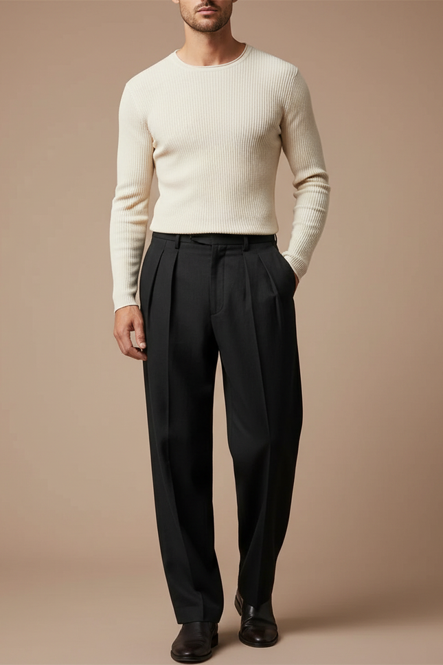 Pantalon Noir Plissé Ample Homme Élégant Droit Décontracté - Gabardine