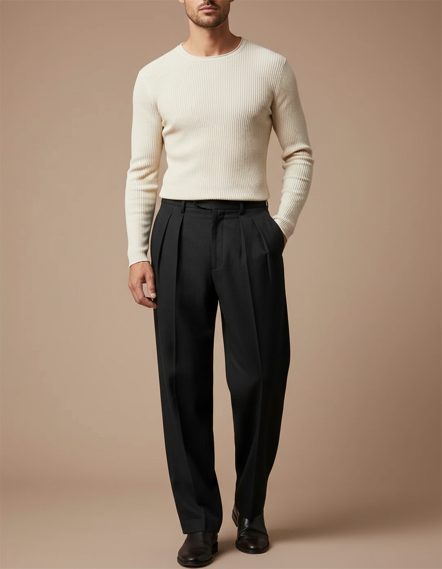 Pantalon Noir Plissé Ample Homme Élégant Droit Décontracté - Gabardine
