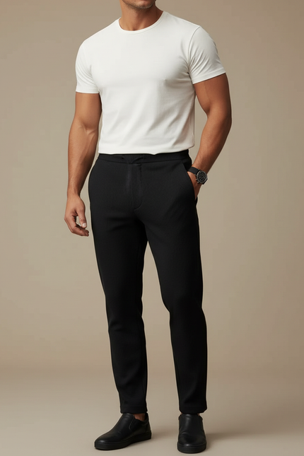 Pantalon Noir Rayé Ajusté Décontracté Cordon - Cordé