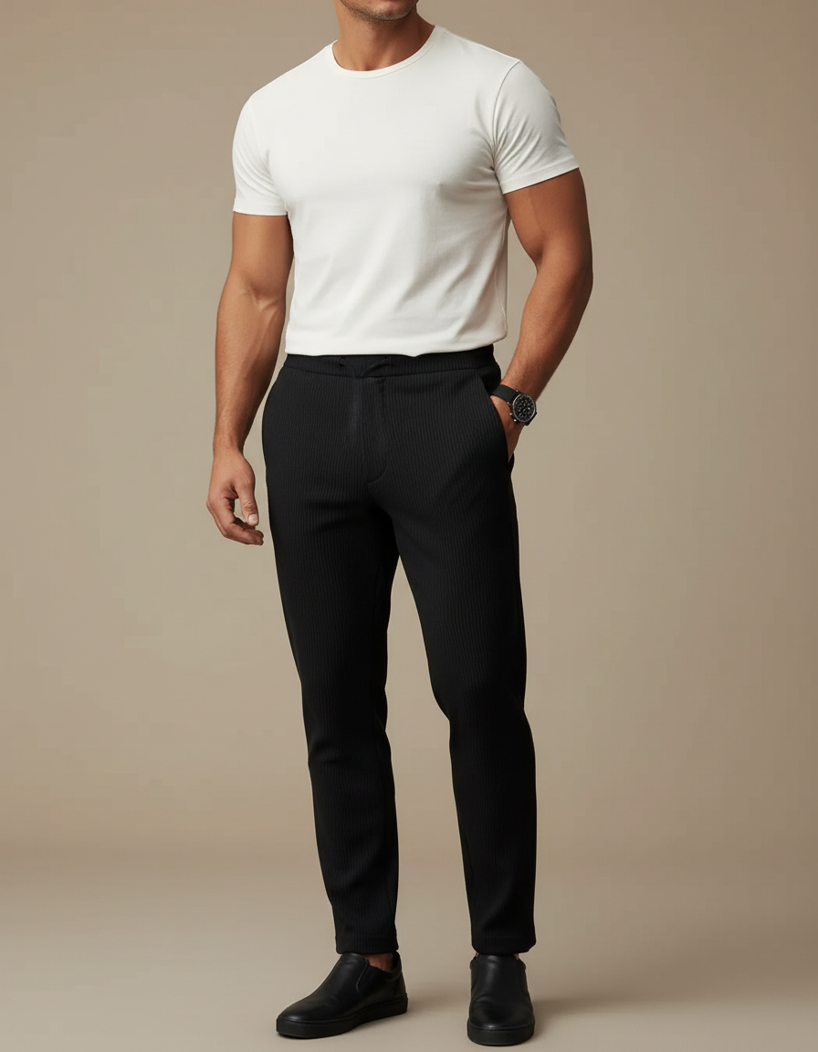 Pantalon Noir Rayé Ajusté Décontracté Cordon - Cordé