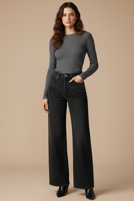 Pantalon Noir Évasé Paillettes Taille Haute Femme - Jean