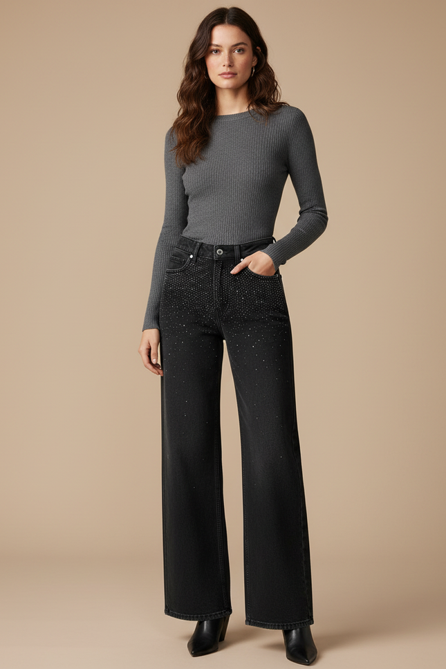 Pantalon Noir Évasé Paillettes Taille Haute Femme - Jean