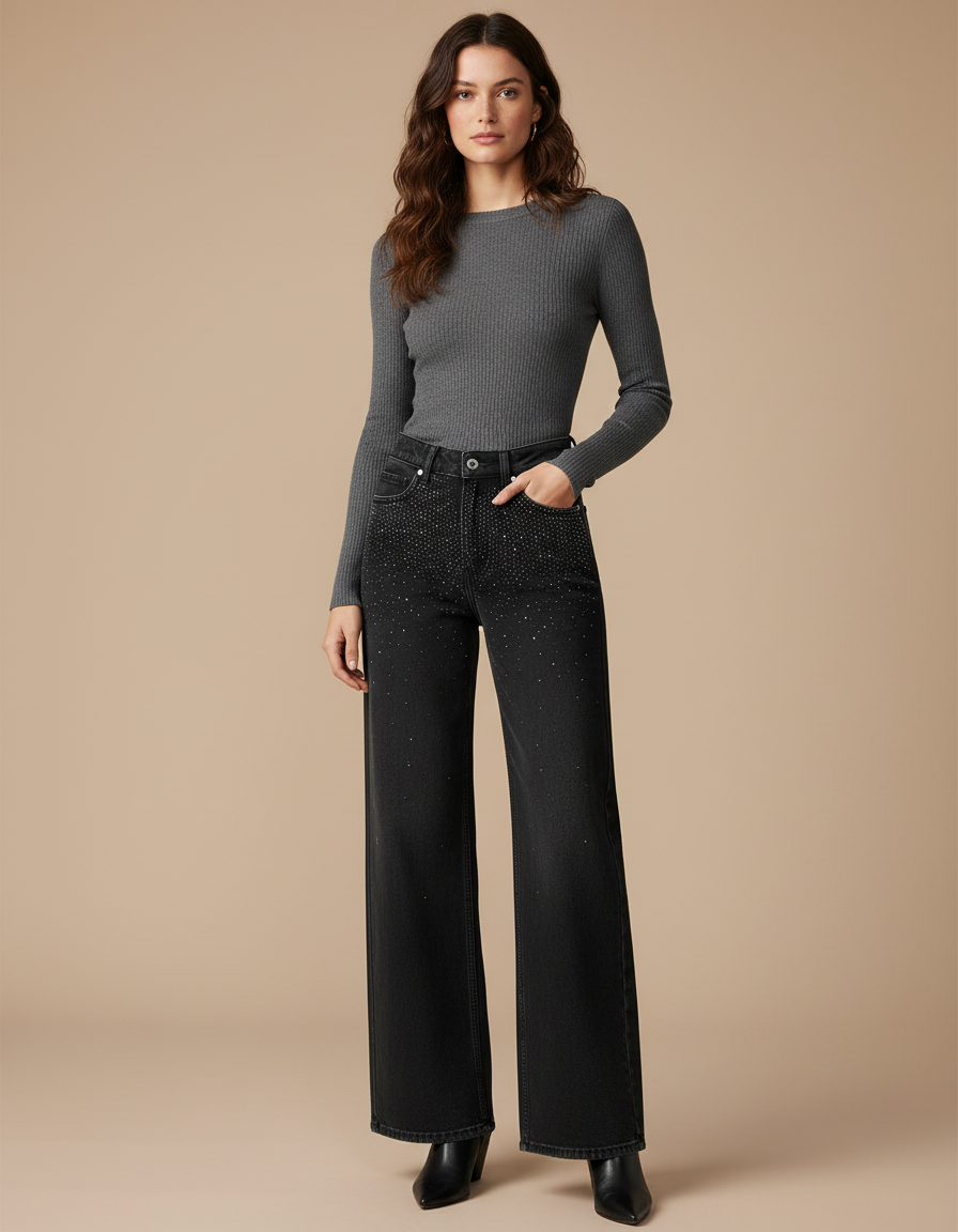 Pantalon Noir Évasé Paillettes Taille Haute Femme - Jean