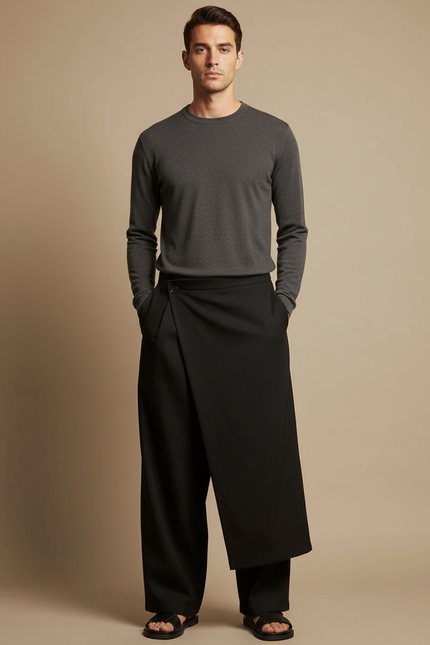 Pantalon Noir Asymétrique Jupe-Culotte Ample Décontracté Homme - Polyester