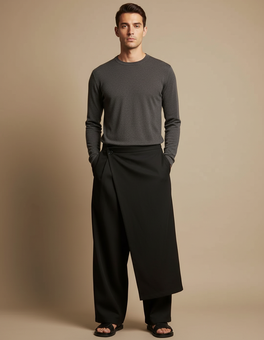 Pantalon Noir Asymétrique Jupe-Culotte Ample Décontracté Homme - Polyester