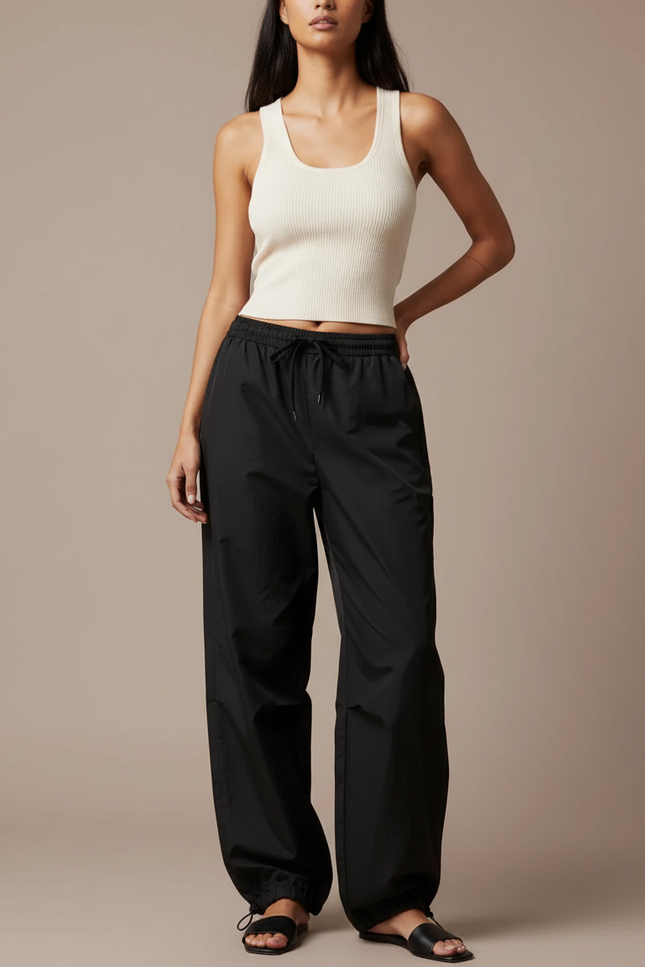 Pantalon Noir Ample Sportif Taille Basse Femme - Polyester