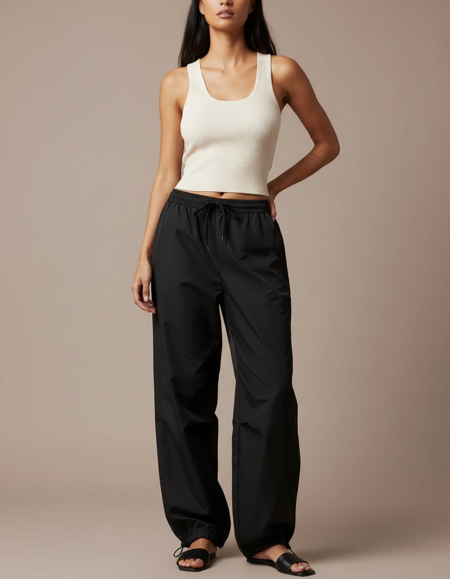 Pantalon Noir Ample Sportif Taille Basse Femme - Polyester