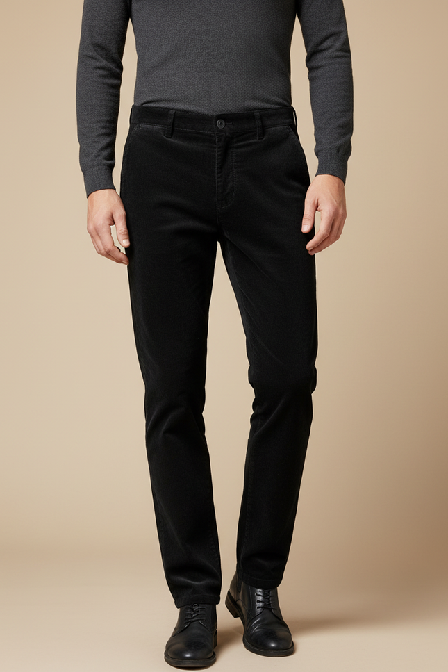 Pantalon Noir Côtelé Élastique Slim Droit - Cordé