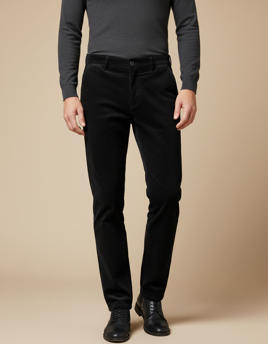 Pantalon Noir Côtelé Élastique Slim Droit - Cordé
