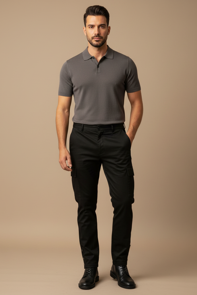 Pantalon Noir Cargo Coton Ajusté Homme Décontracté