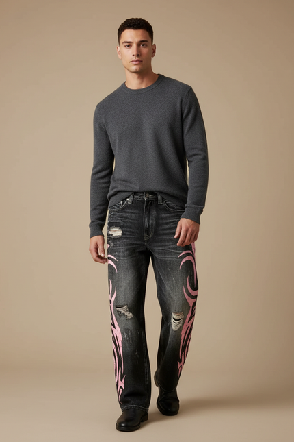 Pantalon Noir Ample Denim Tribal Rose Déchiré - Jean