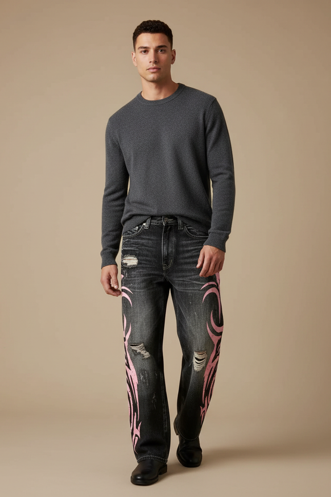 Pantalon Noir Ample Denim Tribal Rose Déchiré - Jean