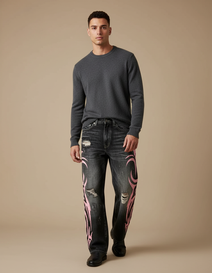 Pantalon Noir Ample Denim Tribal Rose Déchiré - Jean