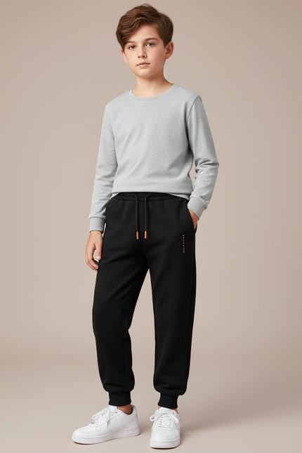 Pantalon Noir Garçon Molletonné Décontracté Cordon Sport