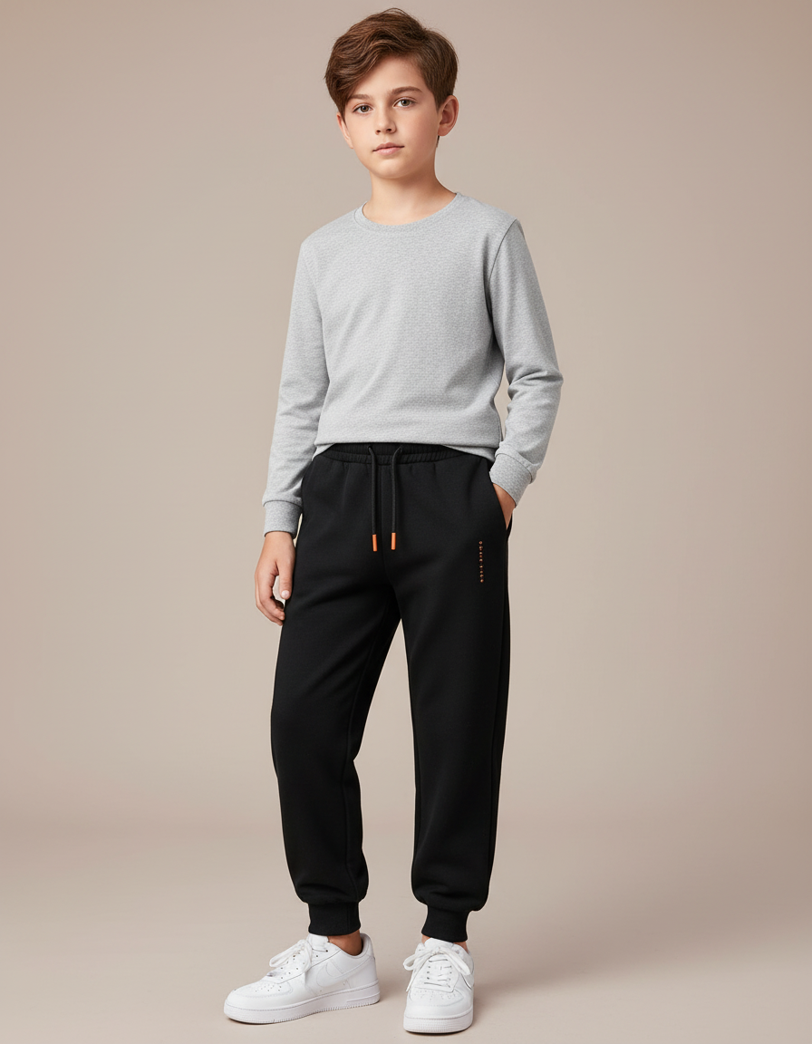 Pantalon Noir Garçon Molletonné Décontracté Cordon Sport