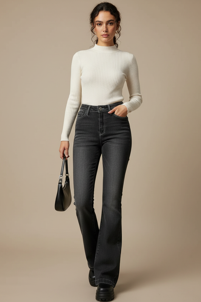 Pantalon Noir Flare Taille Haute Élastique Vintage Denim - Jean