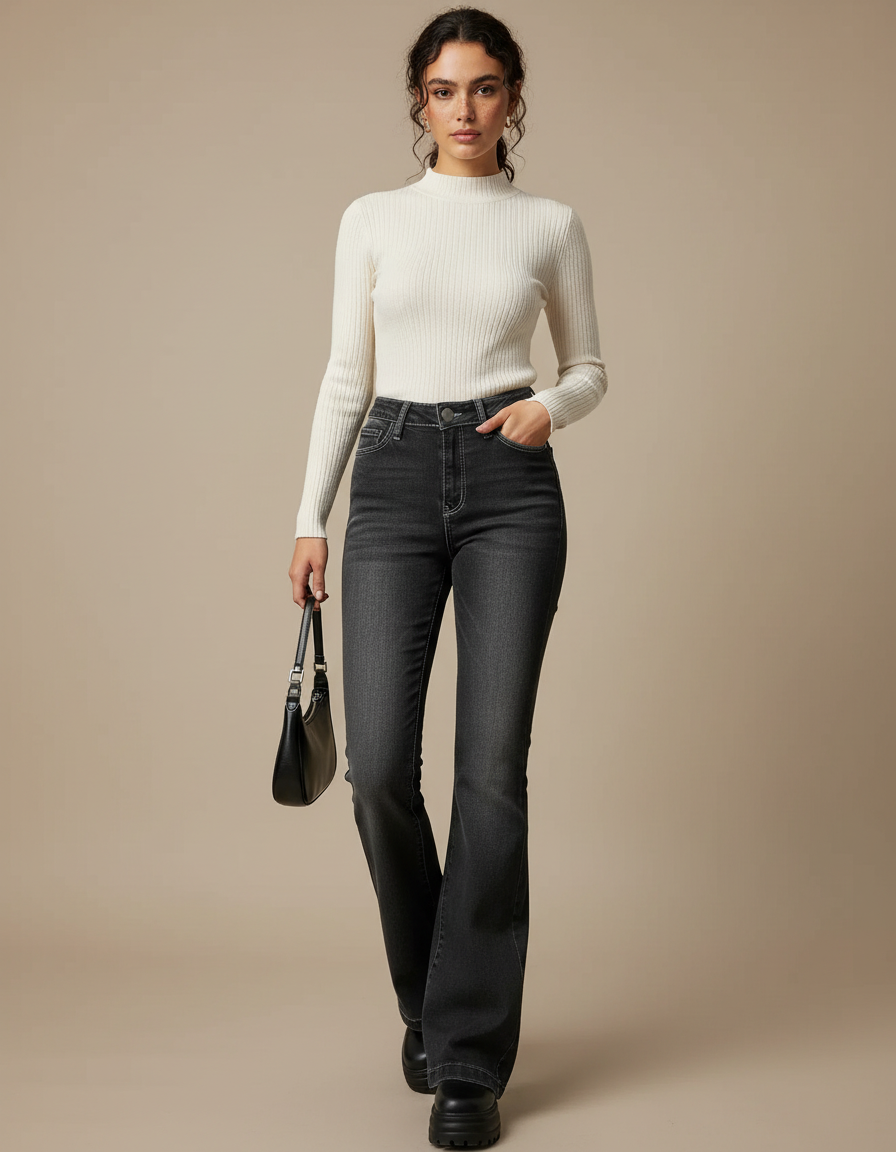 Pantalon Noir Flare Taille Haute Élastique Vintage Denim - Jean
