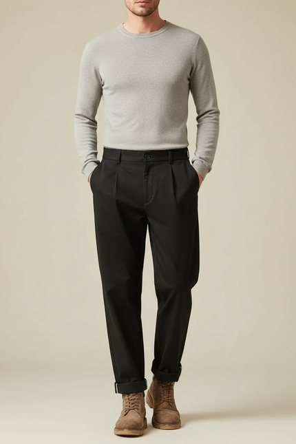 Pantalon Noir Homme Plissé Droit Décontracté Coton