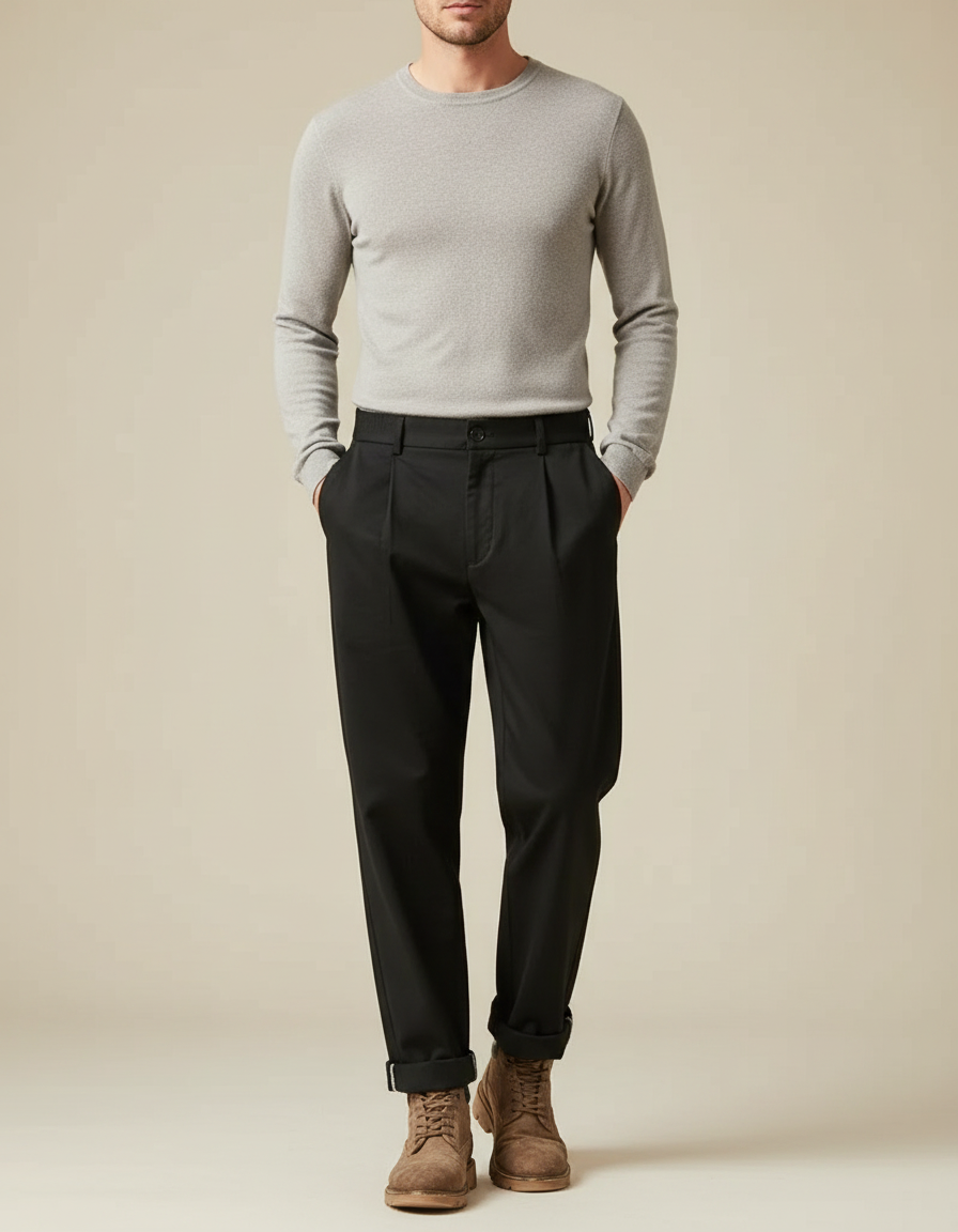 Pantalon Noir Homme Plissé Droit Décontracté Coton