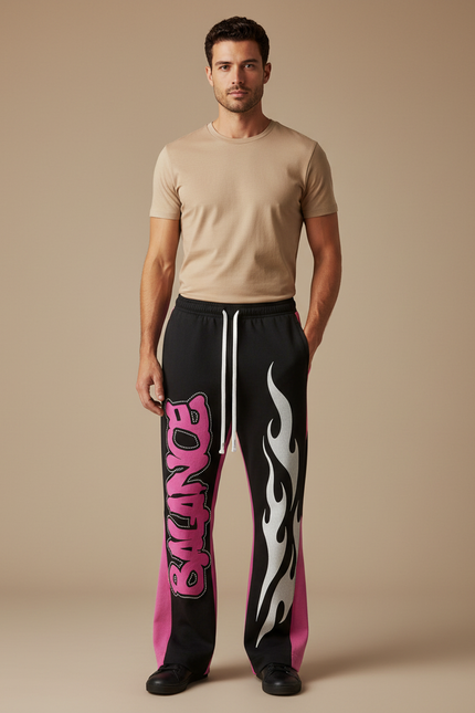 Pantalon Noir Évasé Imprimé Flammes Streetwear Hip Hop - Molleton
