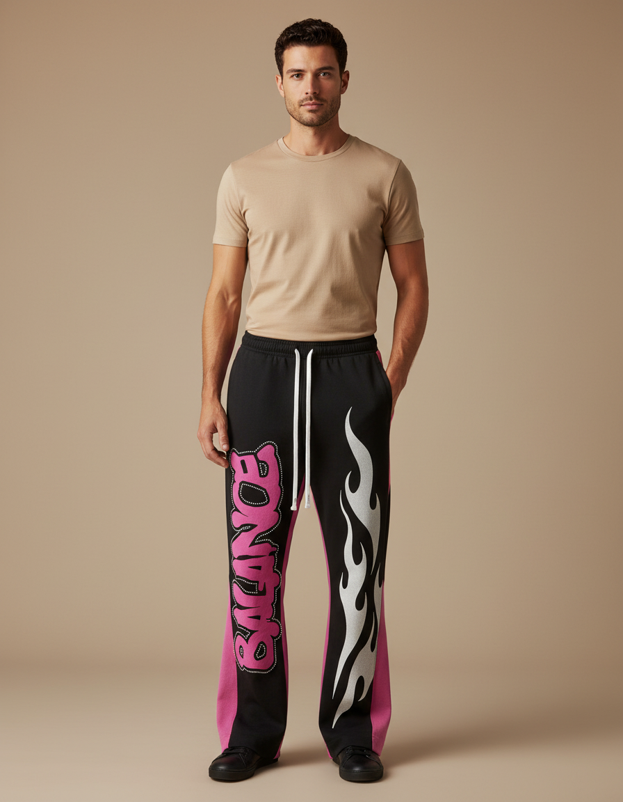 Pantalon Noir Évasé Imprimé Flammes Streetwear Hip Hop - Molleton