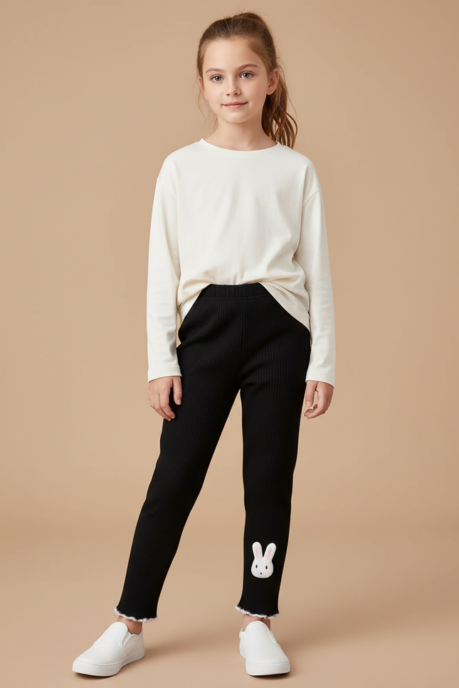 Pantalon Noir Côtelé Lapin Blanc Fille - Cordé