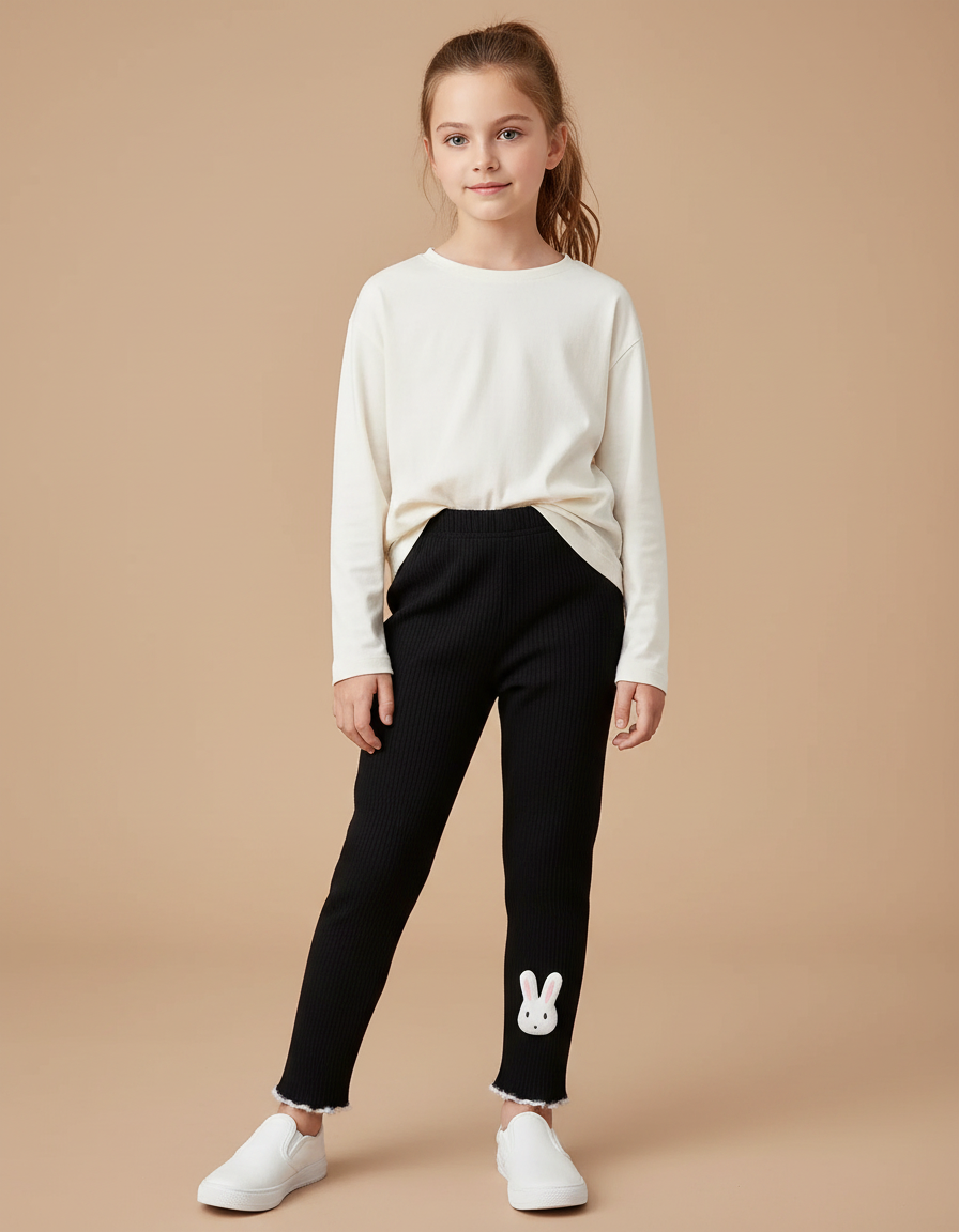 Pantalon Noir Côtelé Lapin Blanc Fille - Cordé